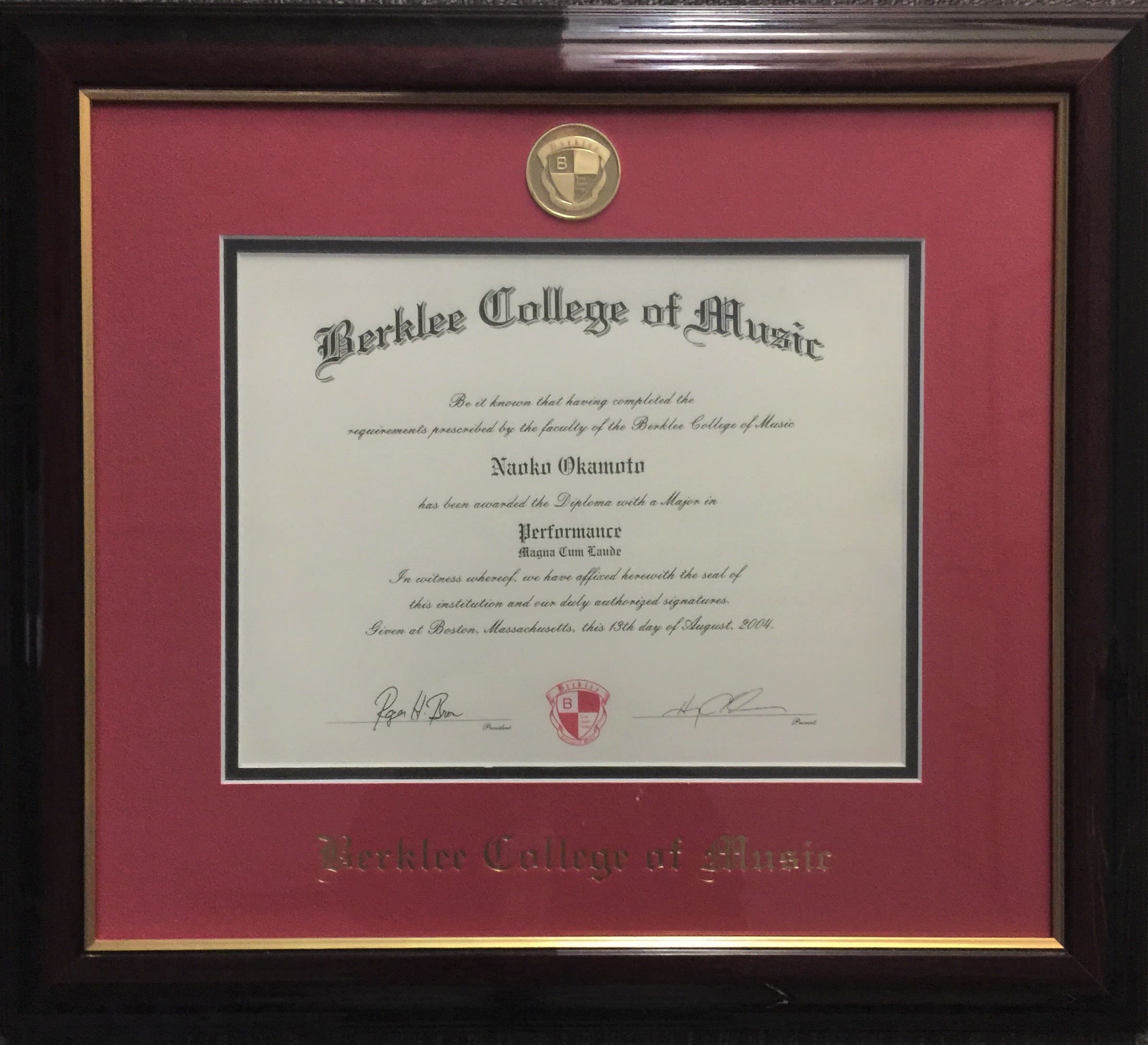 岡本直子バークリー音楽院卒業証書