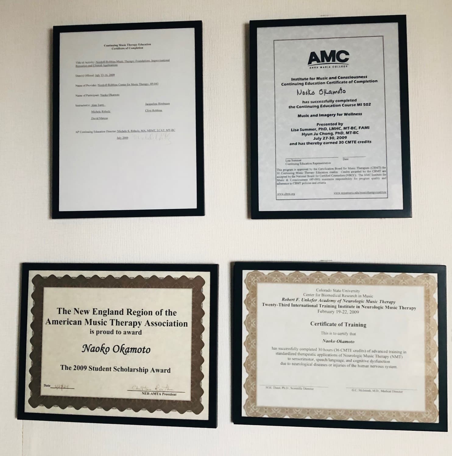 岡本直子音楽療法研修修了証
